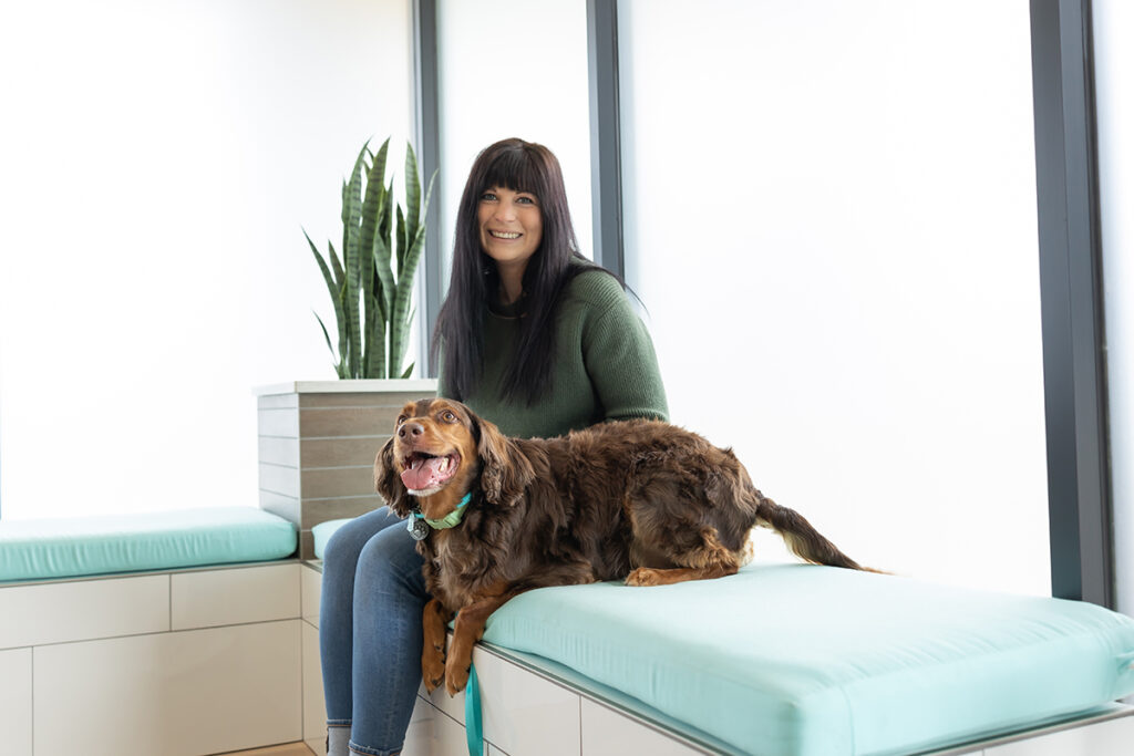 Dog and owner waiting at urgent pet care walk in vet clinic. Pet wellness