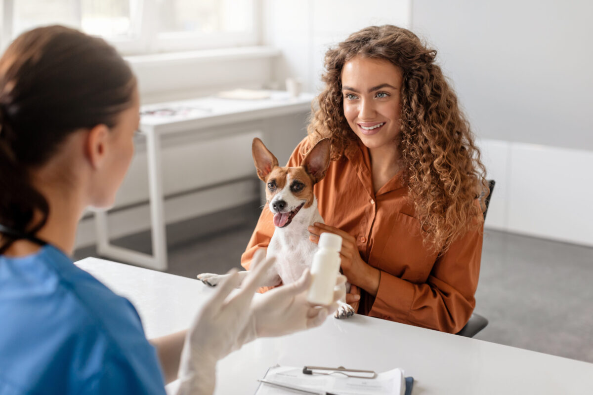Veterinarian explaining pet medications and pet prescriptions to a smiling owner and her dog during a clinic visit.